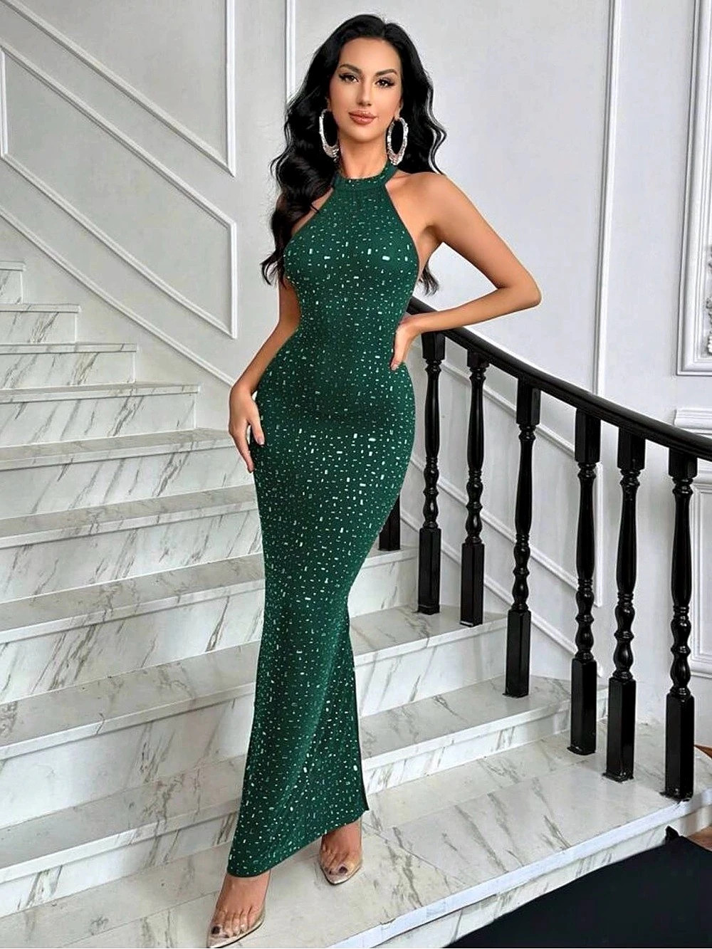 Green Sparkly Mesh Maxi Gown